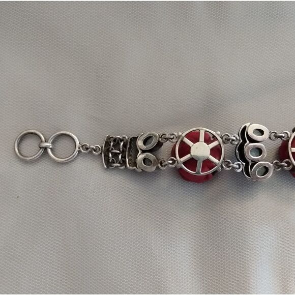 VINTAGE 925 Silver Bracelet with 10 TOPAZ and 3 Red Roses Toggle Closure - Picture 7 of 13